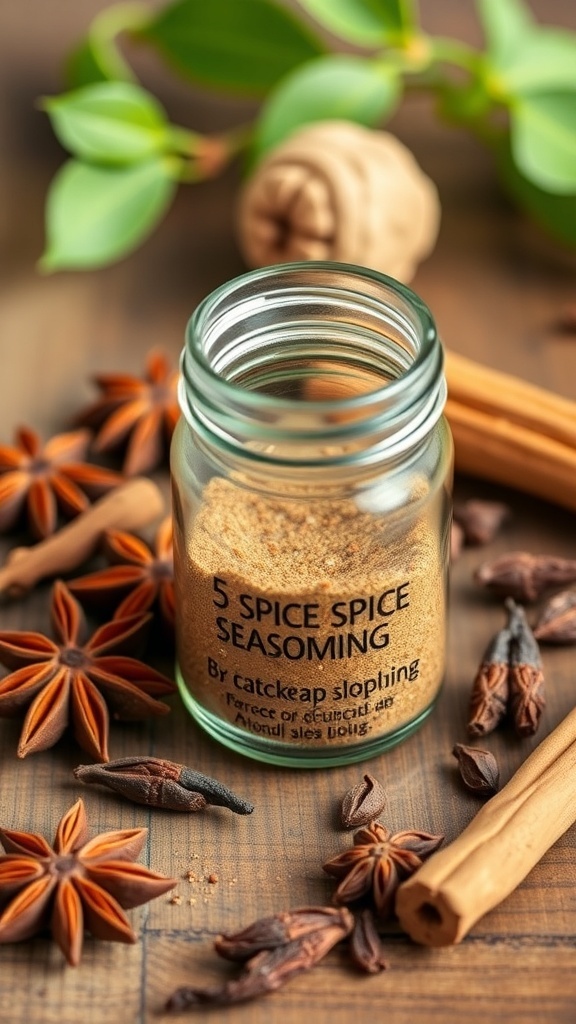 A jar of 5 spice seasoning with star anise, cloves, and cinnamon on a wooden table.